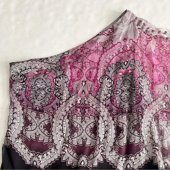 New Cache One Shoulder 100% Silk Embellished Top Paisley Print Size Small Beaded - Picture 4 of 16